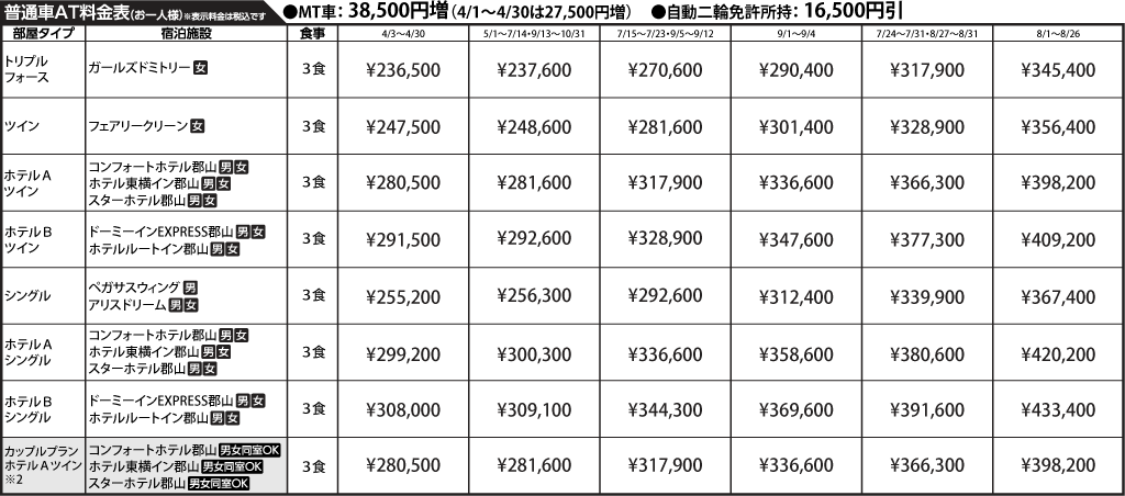 入校月を決めてない方へ 教習料金を一覧で見る