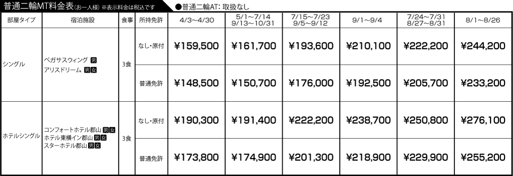入校月を決めてない方へ 教習料金を一覧で見る