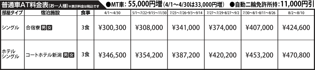 入校月を決めてない方へ 教習料金を一覧で見る