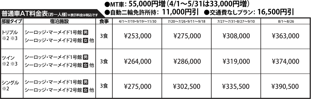 入校月を決めてない方へ 教習料金を一覧で見る