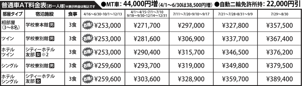 入校月を決めてない方へ 教習料金を一覧で見る