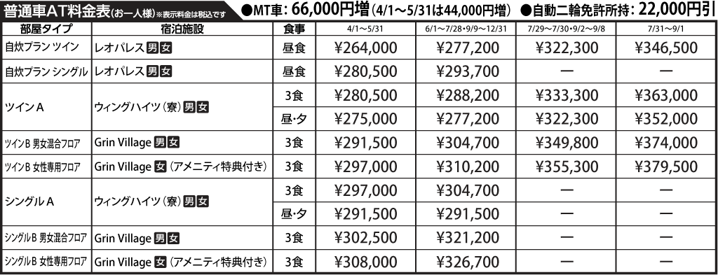 入校月を決めてない方へ 教習料金を一覧で見る