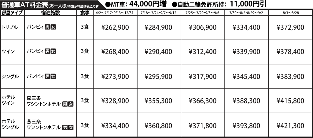 入校月を決めてない方へ 教習料金を一覧で見る