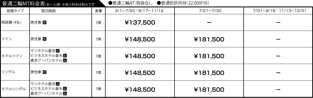 入校月を決めてない方へ 教習料金を一覧で見る