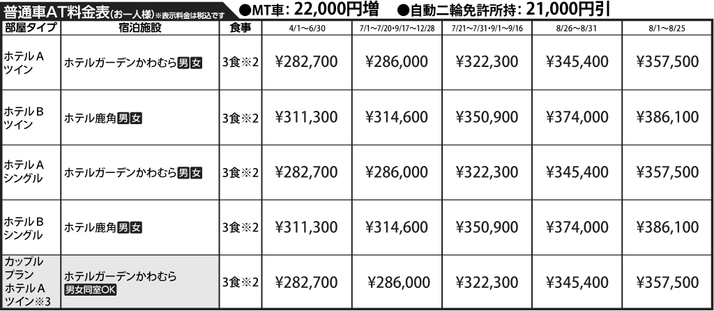 入校月を決めてない方へ 教習料金を一覧で見る
