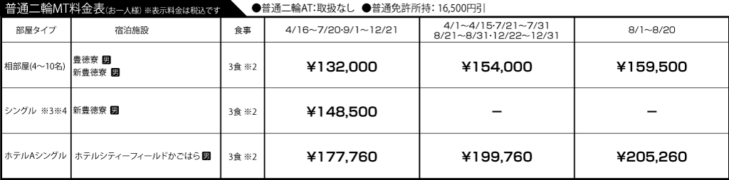 入校月を決めてない方へ 教習料金を一覧で見る