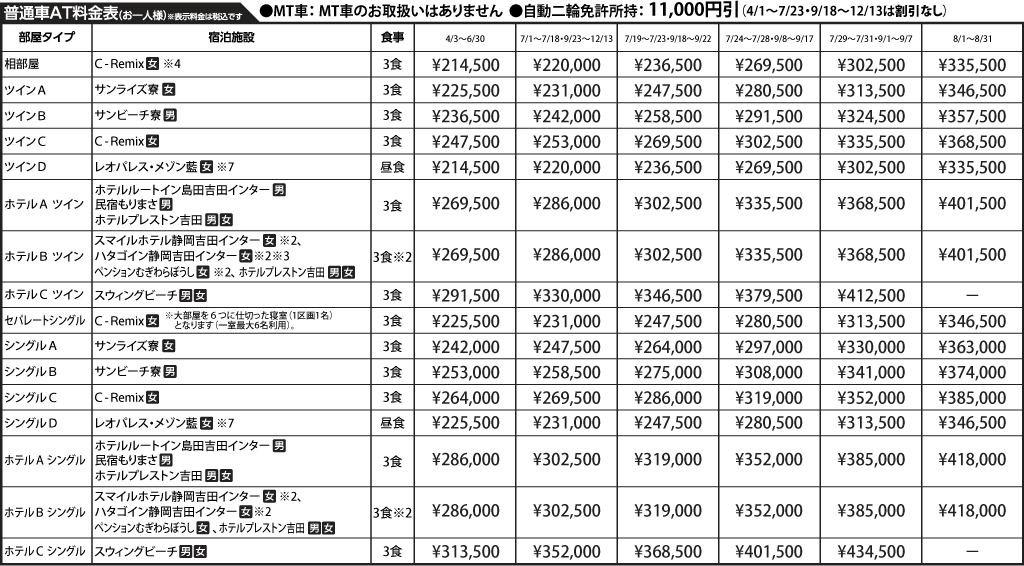 入校月を決めてない方へ 教習料金を一覧で見る