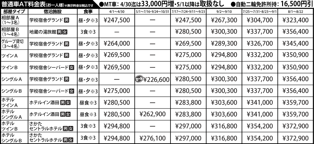 入校月を決めてない方へ 教習料金を一覧で見る