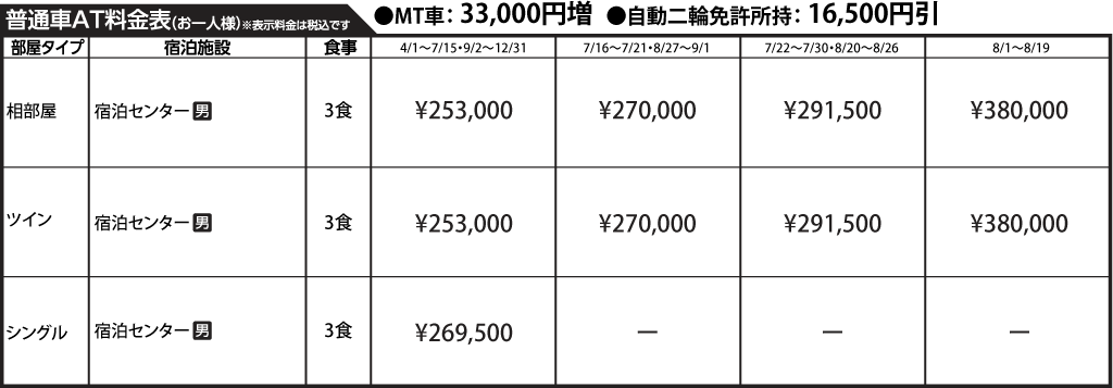 入校月を決めてない方へ 教習料金を一覧で見る