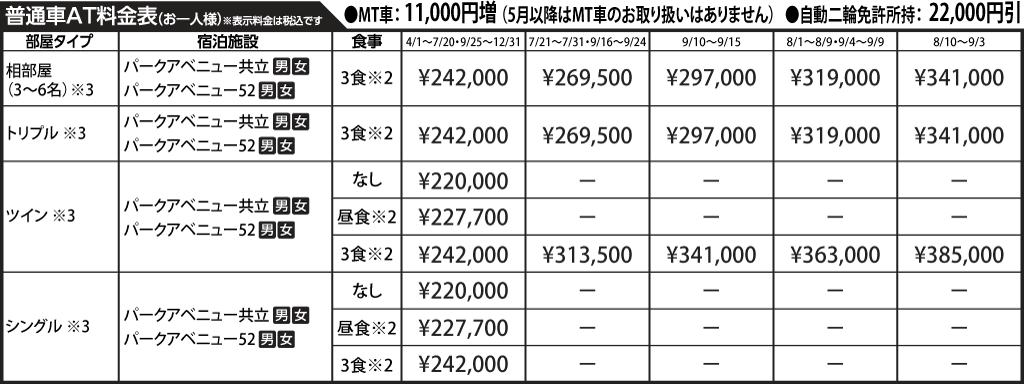 入校月を決めてない方へ 教習料金を一覧で見る