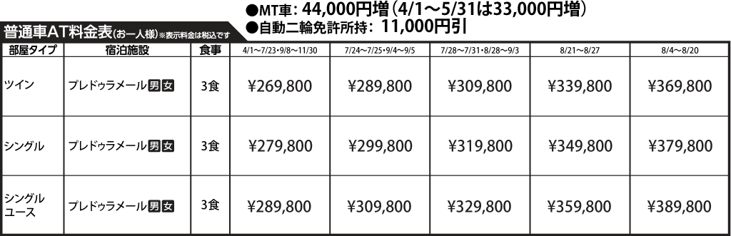 入校月を決めてない方へ 教習料金を一覧で見る