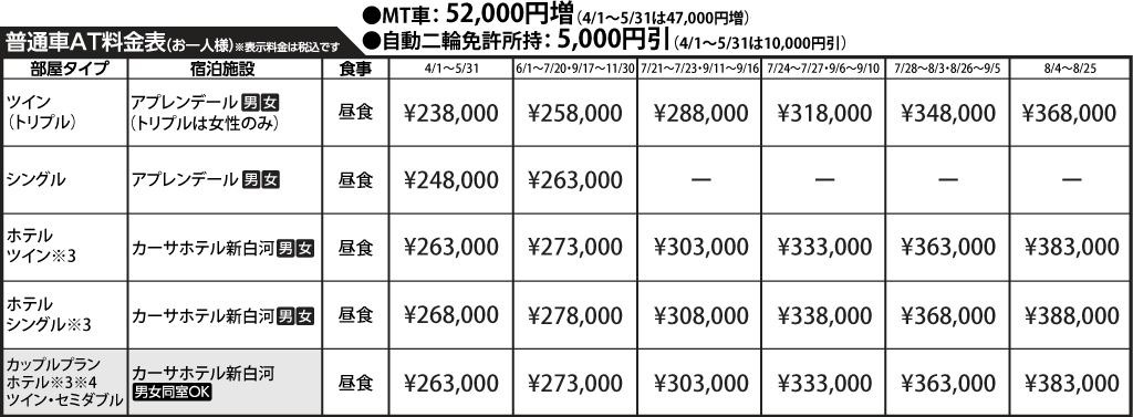 入校月を決めてない方へ 教習料金を一覧で見る