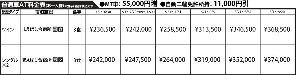 入校月を決めてない方へ 教習料金を一覧で見る