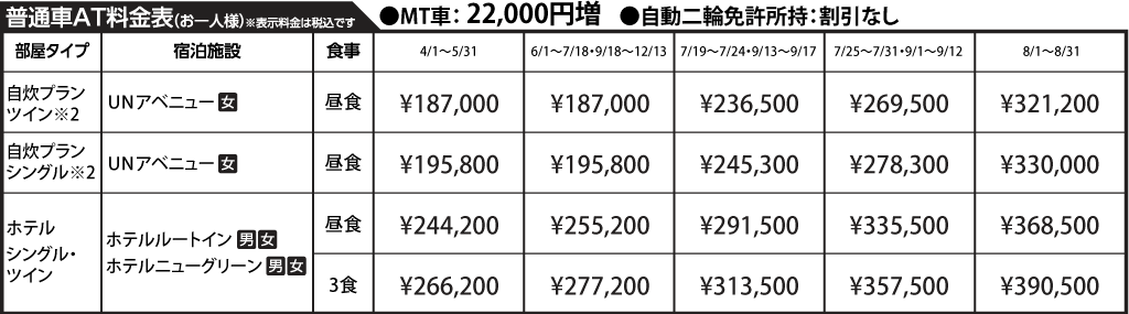 入校月を決めてない方へ 教習料金を一覧で見る