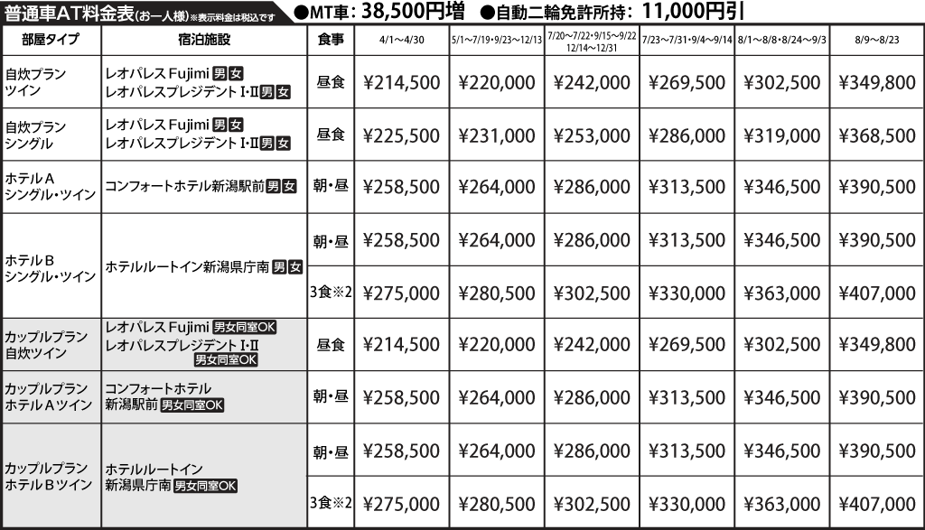 入校月を決めてない方へ 教習料金を一覧で見る
