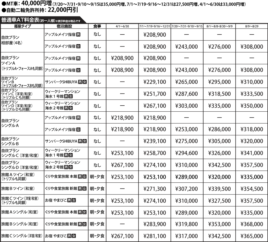 入校月を決めてない方へ 教習料金を一覧で見る