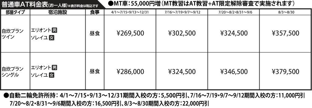 入校月を決めてない方へ 教習料金を一覧で見る